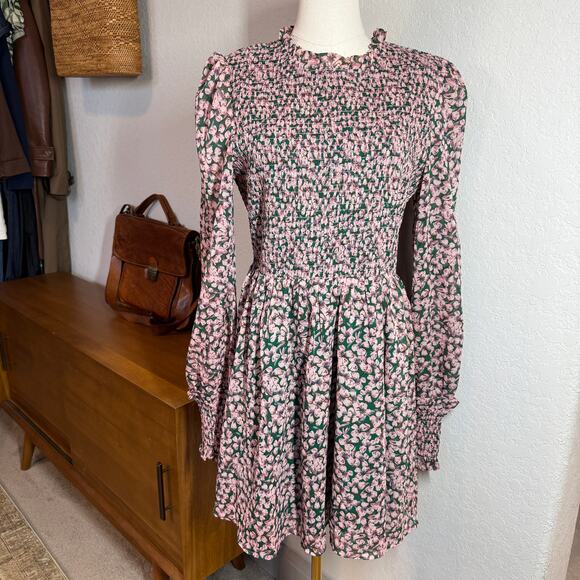 Women's Lulus Pink and Green Floral Smocked Top Long Sleeve Dress Size L NEW - Picture 8 of 8